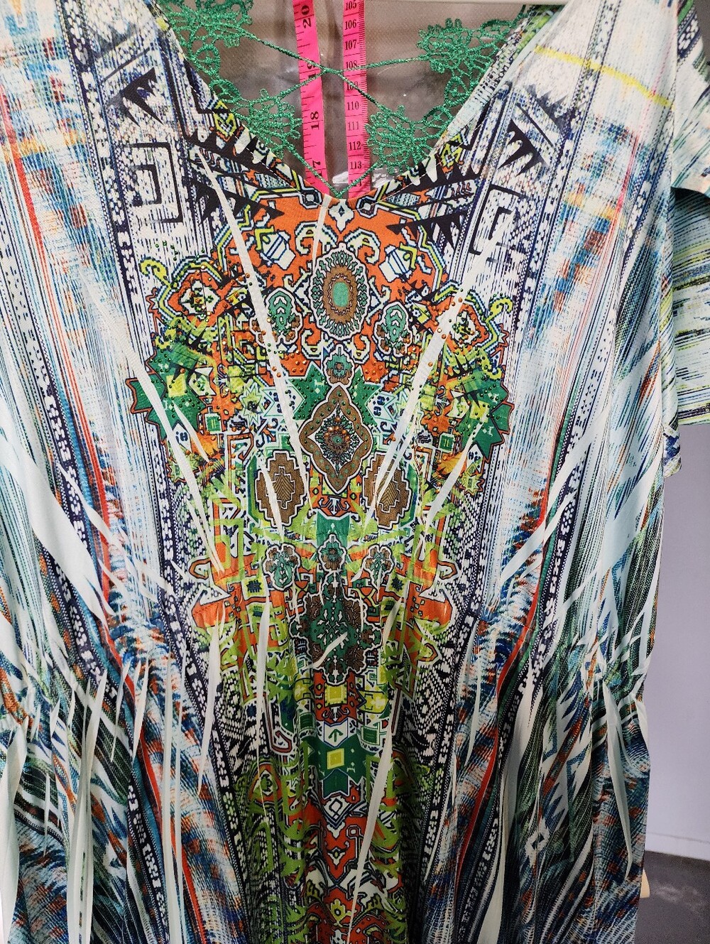 ONE WORLD Green Orange Printed Boho Dress with Lace Trim